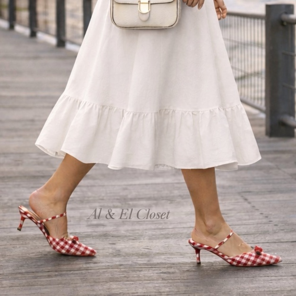 Wild Fable Red Gingham Pointed Toe Mules Size 11 Bow Kitten Heel New With Tags